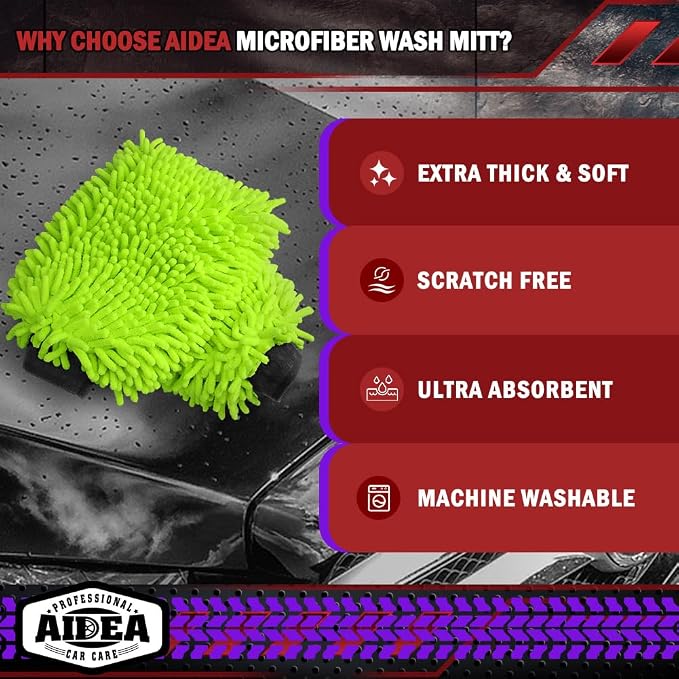 AIDEA Car Wash Mitt Microfiber, 2PK, Car Wash Brush, Green, 8' X12'' | Scratch Free Lint Free, Premium Chenille Microfiber Wash Mitt, Cleaning Supplies, Extra Large Size