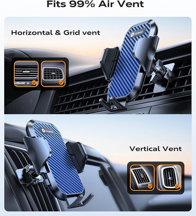 Phone Mount for Car with Double Lock Clip, Air Vent Cell Phone Car Mount, Universal Car Phone Holder, 360° Rotation Easy Clamp Phone Stand for iPhone 17 Pro Max Android Samsung, Blue