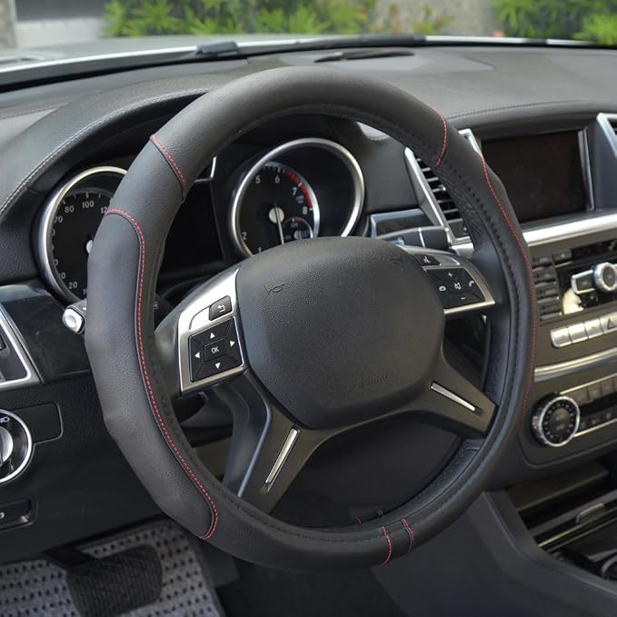GripDrive Faux Black Leather Steering Wheel Cover for Car Truck Van SUV, Standard 15 inch Size, Red Accent Stitched Car Steering Wheel Cover Vehicle & Auto Accessories