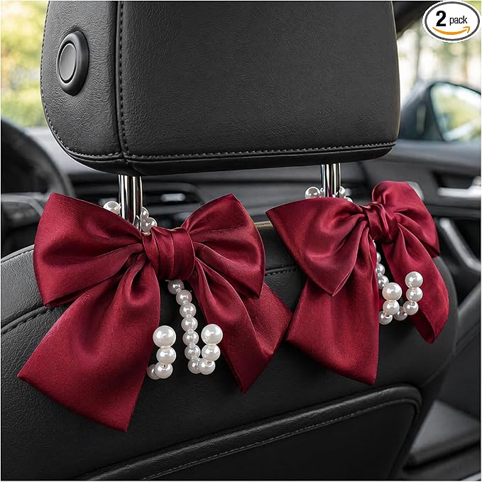 2 PCS Bow Pearl Car Seat Headrest Hook, Car Seatback Hanging Organizer Elegant Pearl Purse Hanger, Cute Bow Vehicle Interior Headrest Storage Hook for Handbag Purse Coat (Red)