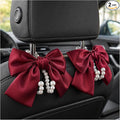 2 PCS Bow Pearl Car Seat Headrest Hook, Car Seatback Hanging Organizer Elegant Pearl Purse Hanger, Cute Bow Vehicle Interior Headrest Storage Hook for Handbag Purse Coat (Red)