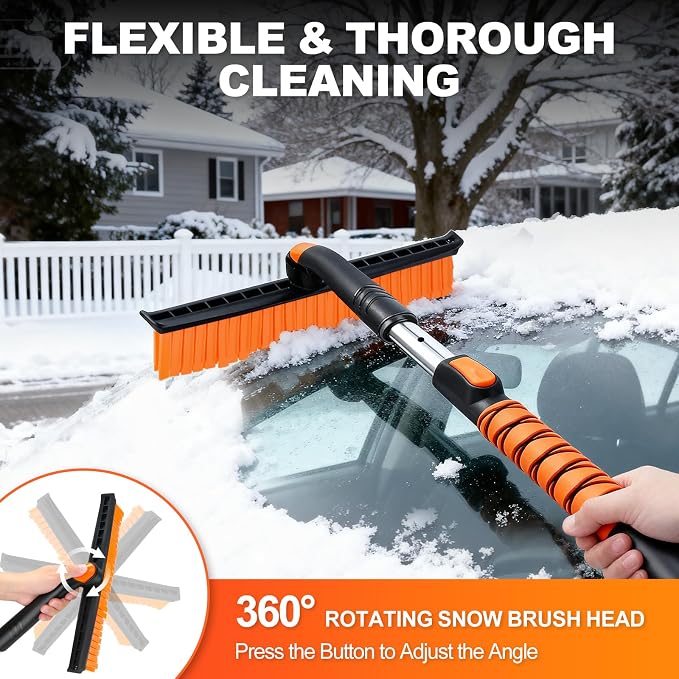 45.7" Extendable Snow Brush and Larger Ice Scrapers for Car Windshield, Scratch-Free Snow Brush with 360° Pivoting Head & Non-Slip Foam Grip, Ice Removal Tool for Car, SUV, Trucks