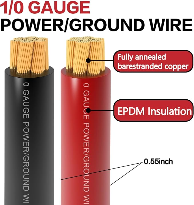 0 Gauge Wire 40FT (20Ft Black+20Ft Red) Copper Clad Aluminum(CCA),0 Gauge Battery Cable Wire,20pcs Lugs Terminal Connectors,20PCS Heat Shrink Tubing for Primary Wiring,Winch Wiring,Inverter Cables