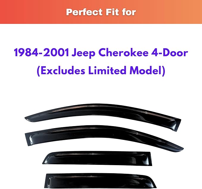KPY Rain Guards Fit for 1984-2001 Jeep Cherokee 4-Door, Out-Channel Window Visors Vent Wind Deflectors 4PC, Car Accessories for 84-01 Cherokee 4-Door (Excludes Limited Model)