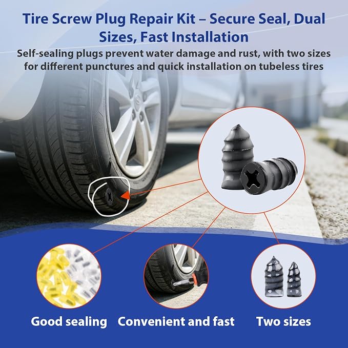 Tire Screw Plug Repair Kit, No Tire Removal Required, Sidewall Repair Tool Set with Portable Storage Box, Quick Flat Tire Fix for Cars, Trucks, Motorcycles, SUVs