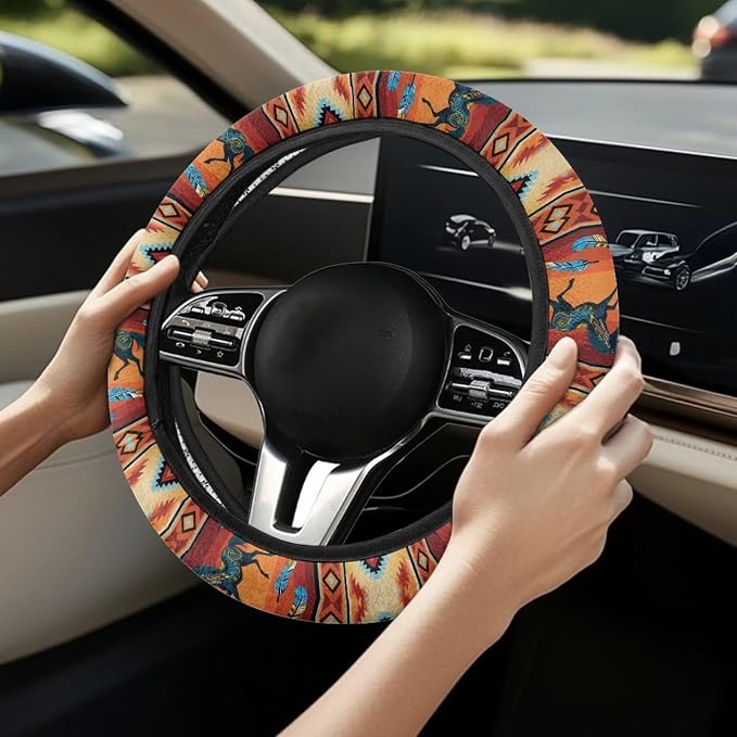 Auto Steering Wheel Cover for Women Men, Universal 15 Inch Soft Elastic Steering Wheel Wrap Anti-Slip Easy to Install Car Accessories, Aztec Geometric Horse Orange