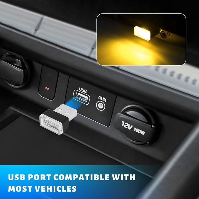 4 PCS USB LED Car Atmosphere Lamp, Mini Night LED Vehicle Trunk Ambient Lighting Kit, Portable Plug-in USB Interface Vehicle Decor Atmosphere Lamp, Interior Car Accessories (Yellow)