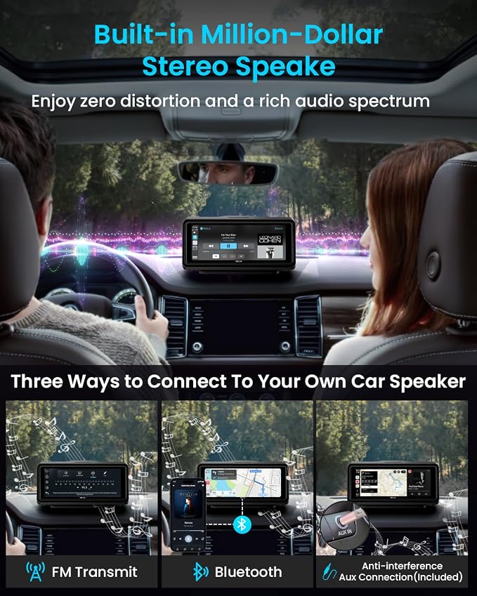 Portable Apple Carplay Screen for Car, Touch Screen with Wireless Android Auto, Car Audio Receivers with Voice Control, Mirror Link, Music Play, GPS Navigation, Built-in Customized Speakers (Black)
