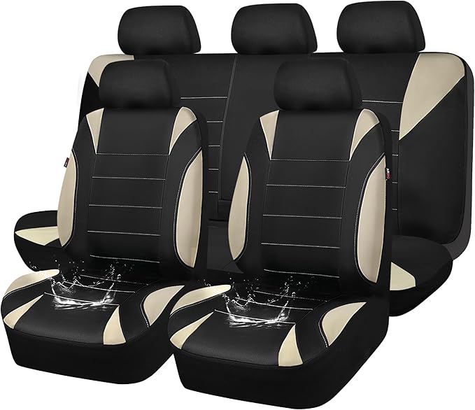 Waterproof Car Seat Covers Full Sets, Universal Fit Seat Covers for Cars, EVA Neoprene Seat Cover Set Full Sets, Interior Covers for Auto SUV,Vans,sedans, Trucks,(Black and Beige)
