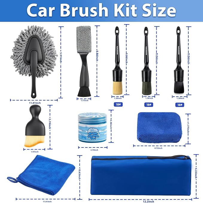 10PCS Car Detailing Brush, Ultra Soft Boars Hair Car Interior Exterior Detailing Brushes, Car Dash Duster Brush, Magic Sponge, Car Cleaning Gel, Car Accessories for Air Vents, Wheels, Leather Seat