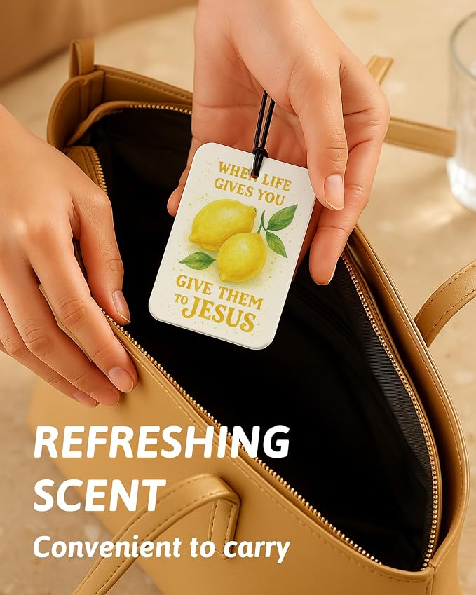 Trendy Peach Lemon Orange Cherry Christian Car Air Freshener 4 Pcs, Cute Fruits Religious Hanging Air Freshener for Cars Closet Drawer Books, Girly Car Accessories Mirror Decor for Women