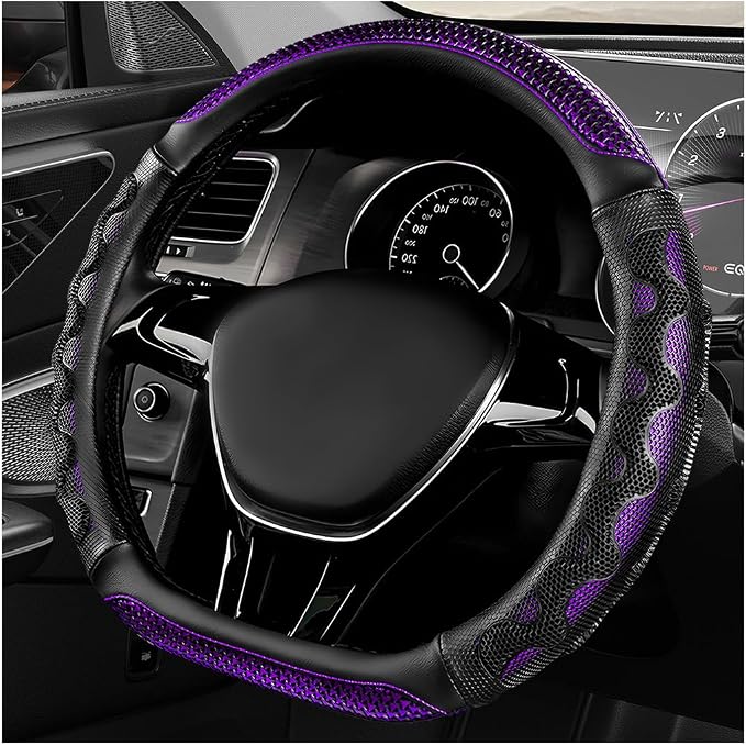 D-Shaped Steering Wheel Cover, Leather Car Wheel Protector with 3D Honeycomb Anti-Slip Design, Universal Breathable Comfy Cover Fits 14.5-15 Inch Steering Wheels, Car Accessories (Purple)