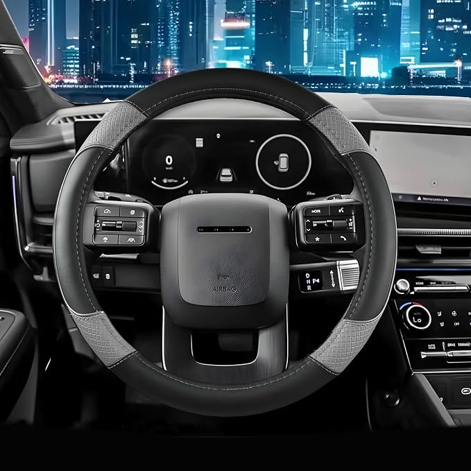 Auto Car Steering Wheel Cover for Hyundai,Tucson,Sonata,Elantra,Santa Fe,Genesis,Sonata Hybrid,Azera,Venue,Kona, 14.5-15 inches(Gray-Standard Size)
