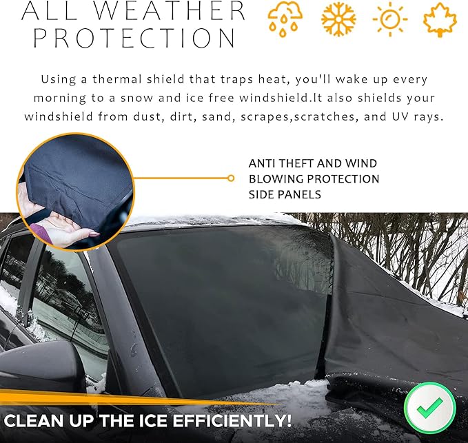 Car Windshield Cover Large Enhanced 600D Oxford Fabric Windshield Frost Cover for Ice and Snow Frost Waterproof Wiper Front Window Protects UV Sunshade Cover for Most Cars SUV Vans (75" x 42")