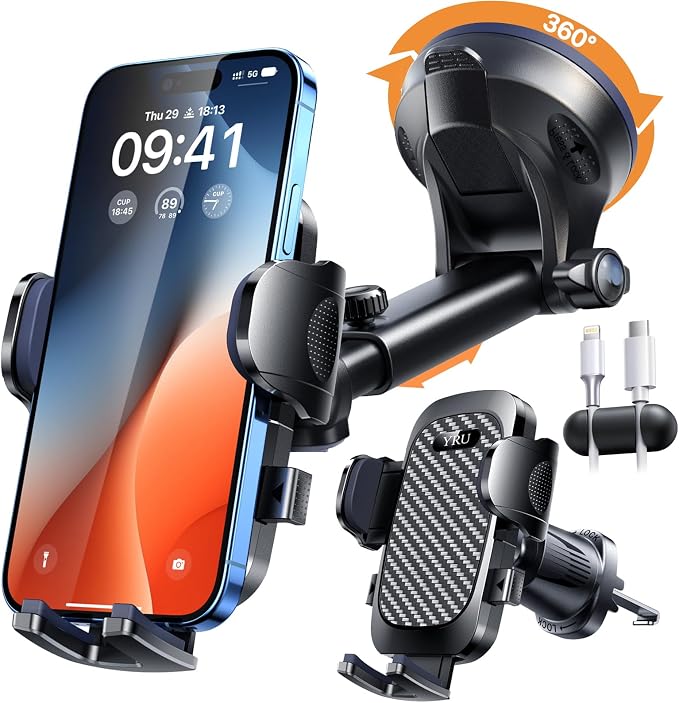YRU True Military-Grade Shock Mounting Kits [360° Rotation Suction] 2026 Ultimate Car Phone Holder Mount【90+LBS Safest Strongest & Patent Certs】 Dash Windshield for iPhone 17 16 Pro Max, Gloss Black