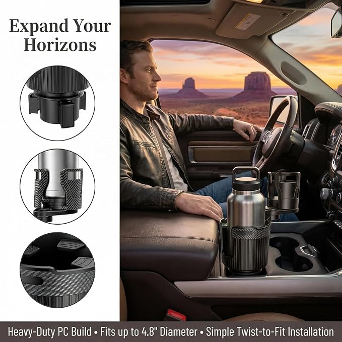 Car Cup Holder Expander, Expandable Arm Automotive Cup Holder Adapter with Adjustable Base, Vehicle Water Bottles Mugs Drinks Insert Adapter Extender, Universal Fit (Black)