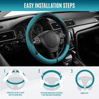 Steering Wheel Cover, Black Patterned & Blue Leather Patchwork Design, Universal Fit 14.5"–15.5", Anti-Slip, Odor-Free, Soft PU Grain Leather, Durable Grip Car Accessory for Girls & Women