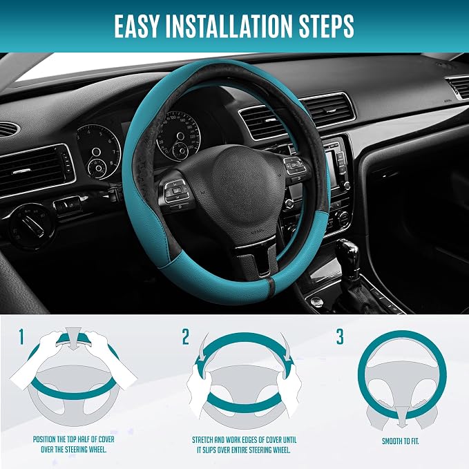 Steering Wheel Cover, Black Patterned & Blue Leather Patchwork Design, Universal Fit 14.5"–15.5", Anti-Slip, Odor-Free, Soft PU Grain Leather, Durable Grip Car Accessory for Girls & Women