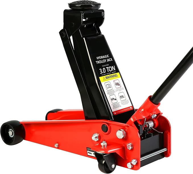 Professional Heavy Duty Hydraulic Floor Jack - Low Profile Steel Racing Jack With Piston Quick Lift Pump, 3 Ton (6,000 lb) Capacity, 5.1"-20" Lifting Range, Red