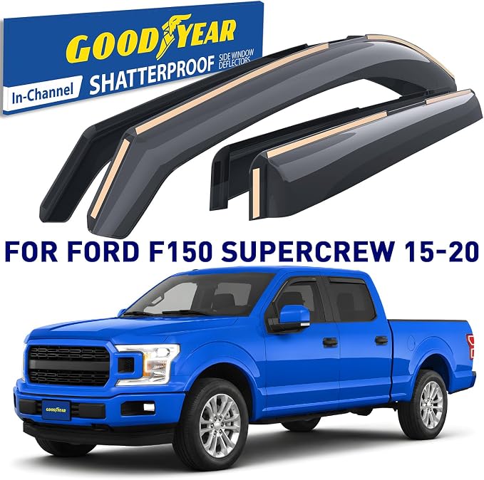 Goodyear Shatterproof in-Channel Window Deflectors for Ford F150 2015-2020 SuperCrew, Rain Guards, Window Visors for Cars, Vent Deflector, Car Accessories, 4 pcs - GY008421