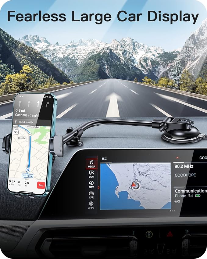 13" Gooseneck Phone Mount for Car Windshield Dashboard Vent, Cell Phone Holder for Car Truck with Strong Suction Cup, Anti-Shake Stabilizer, One-Hand Operation, Fits Most Smartphones