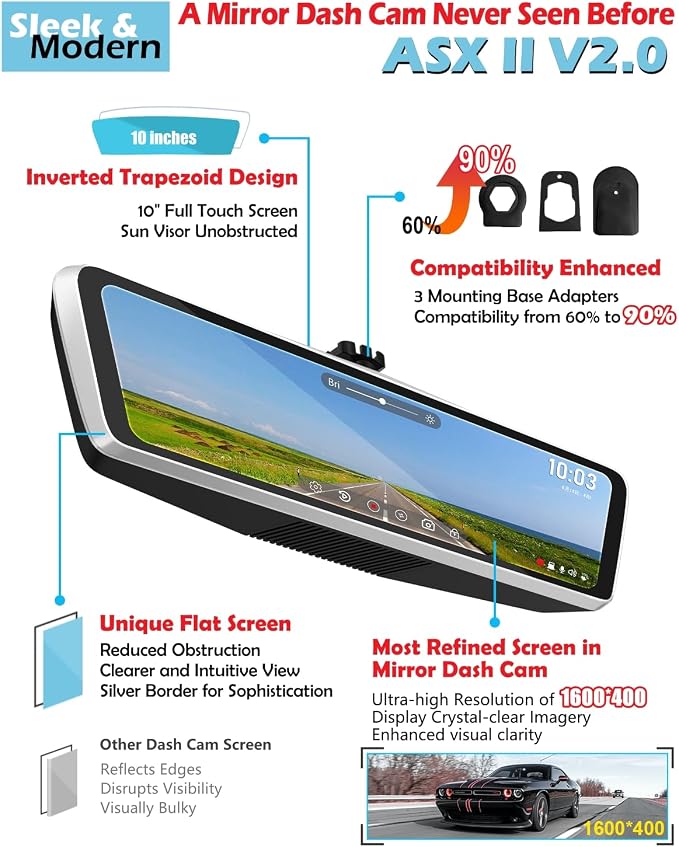 Real OEM Rear View Mirror Camera with Detached Front Lens, Mirror Dash Cam 10" Full Touch Screen for Car, 2K Zoom, IMX 307 HDR, STARVIS Night Vision, Built-in GPS, ASX II V2.0