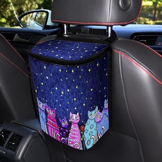 Galaxy Cat Print Car Trash Can with Lid, Leak Proof Auto Trash Bag Hanging Vehicle Garbage Can Multipurpose Storage Container for Back Seat Road Trip