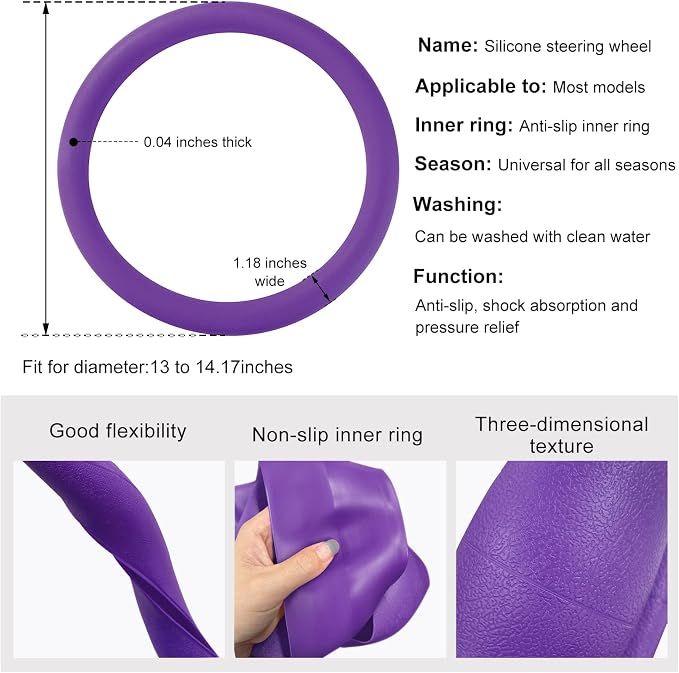 Car Steering Wheel Cover, 13 to 14.17 inches Anti-Slip Silicone Steering Wheel Protector, Soft Flexible Shock-Absorbent Steering Wheel Protective Cover for Most Car Models (Purple)