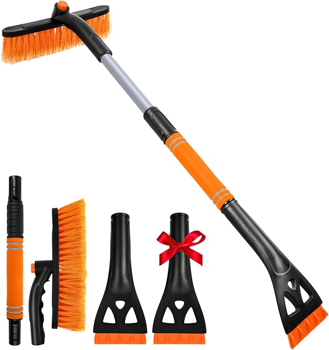 Ice Scrapers for Car Windshield, 2-in-1 Snow Scraper and Snow Brush for Car SUV Truck, Car Ice Windshield Scraper for Ice and Snow with 360° Pivoting Brush and Ergonomic Foam Grip Orange