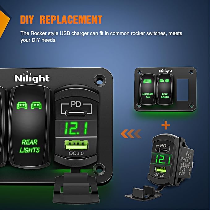 Rocker Switch Style USB Outlet LED Voltmeter Quick Connector 12V PD Type C and USB QC 3.0 Cars Replacement with Inline Fuse for Switches Panel on Boats RV Truck Car