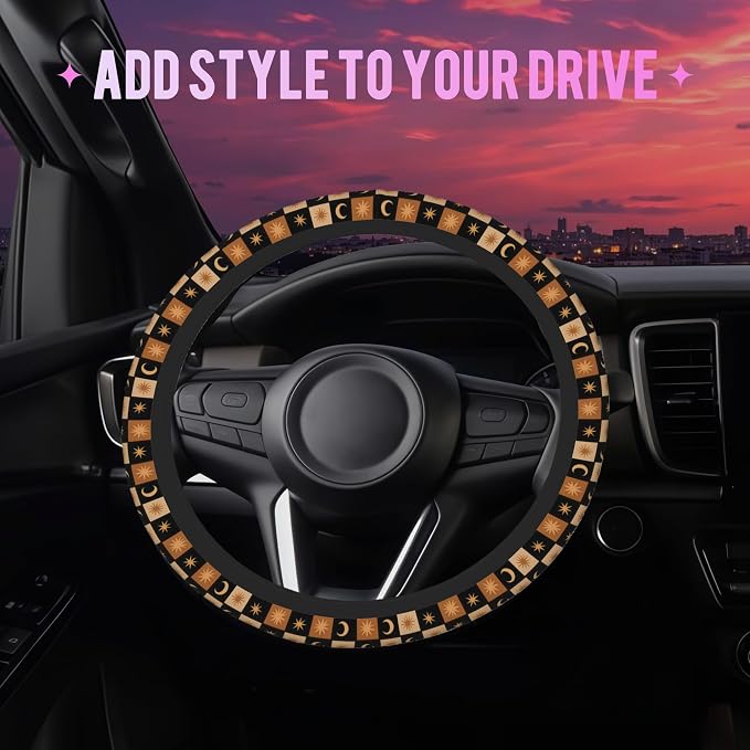 Celestial Checkerboard Steering Wheel Cover for Women Men Neoprene Breathable Boho Moon Star Wheel Cover Protector Anti-Slip Car Accessories Universal 15 Inch Fit for Cars Trucks Vehicles