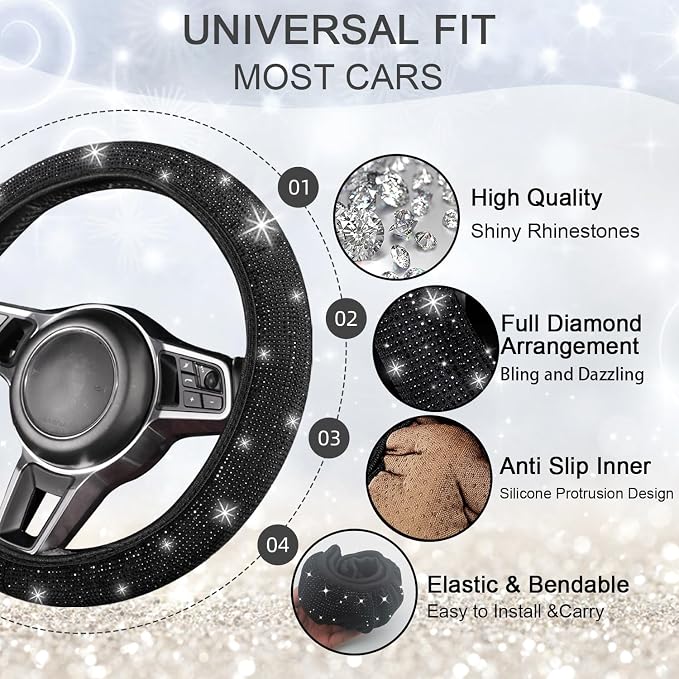 8 pcs Bling Car Accessories Set for Women, Steering Wheel Cover, Sparkly Seat Belt Covers, Bling Gear Shift Cover, Universal Fit Most Cars (Black Diamond)