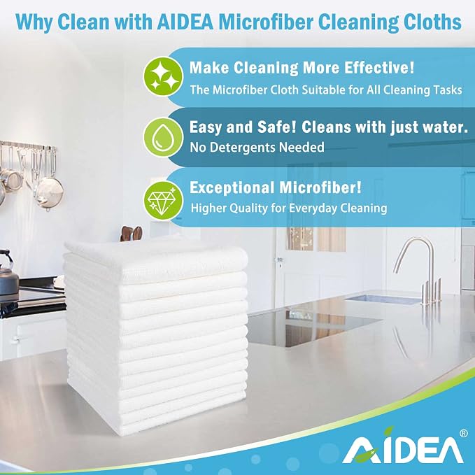 AIDEA Microfiber Cleaning Cloth White, 50PK, Cleaning Rags 11.5"x 11.5" | Microfiber Towels for Cars, Kitchen Towels Lint Free Cloth, Wash Cloths, Whte Shop Towels, Dish Rags for Home, Kitchen