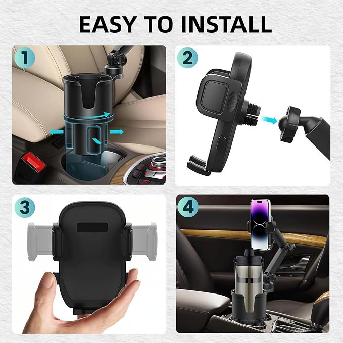 2-in-1 Car Cup Phone Holder Expander with Adjustable Base, 360°Rotation,Compatible with iPhone, Samsung & All Smartphones up to 4.13",Fit Most Bottles 10-32oz,Black