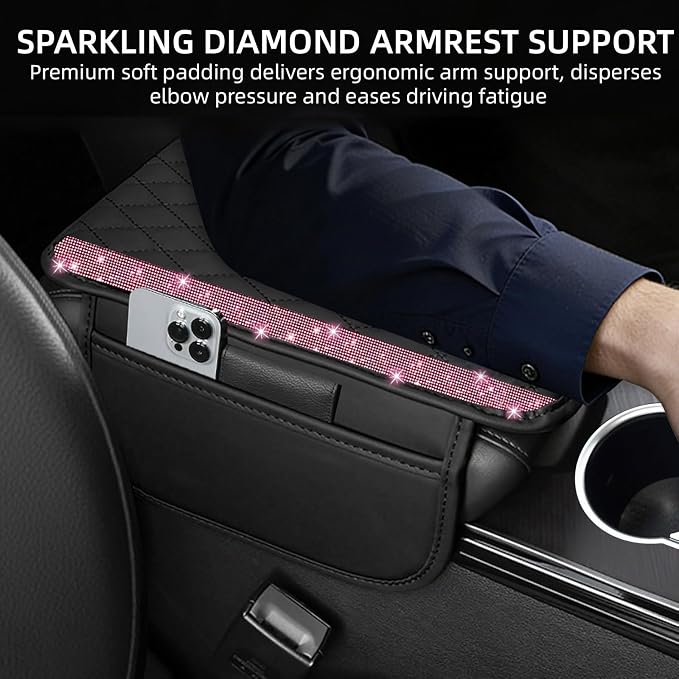 Bling Car Center Console Cover, Leather Car Arm Rest Cover Cushion with 2 Storage Bags, Universal Automotive Armrest Protector Storage Box, Bling Accessories Interior for Most Vehicles (Pink)