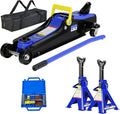 4 Piece Car Truck Floor Jack Service, Hydraulic Trolley Floor Jack & Jack Stands & Tire Repair Kit for Garage Repair Shop DIY, Lifting Range 3.3"-15.2", Steel Car Jack 2 Ton/4000 LBS Capacity
