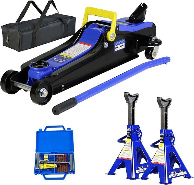 4 Piece Car Truck Floor Jack Service, Hydraulic Trolley Floor Jack & Jack Stands & Tire Repair Kit for Garage Repair Shop DIY, Lifting Range 3.3"-15.2", Steel Car Jack 2 Ton/4000 LBS Capacity