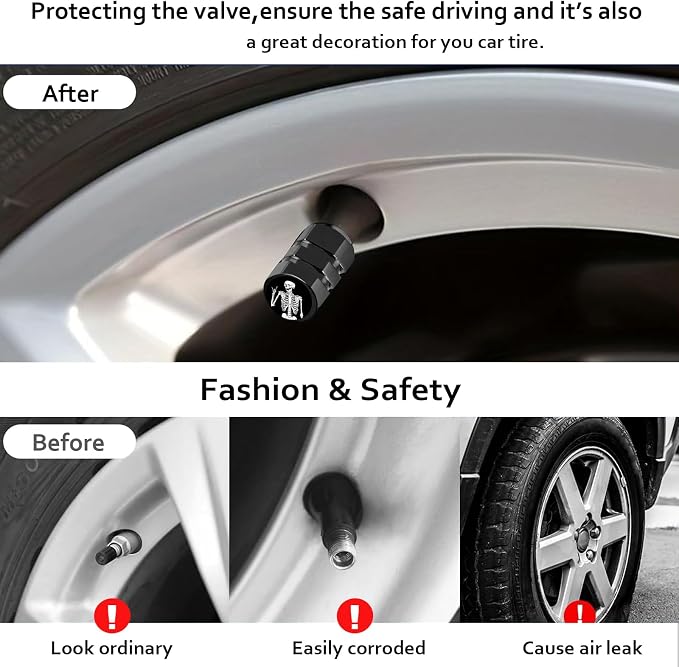 4Pack Skeleton Tire Valve Caps Universal Tire Air Cap Valves Stem Covers | Aluminum Alloy Rust-Proof Valve Stem Caps, for Auto SUV Truck Motorcycle Bicycle, Terror Skull Gifts for Women Men Drivers