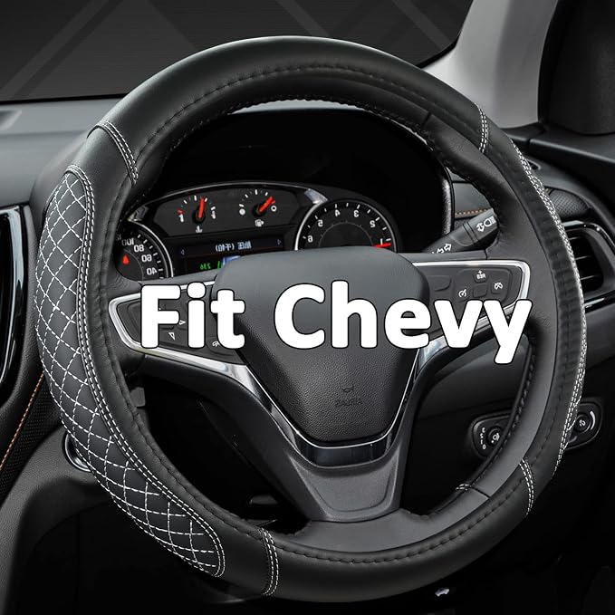 Customized Auto Car Steering Wheel Cover for Chevy Silverado,Tahoe,Equinox,Traverse,Trailblazer,Colorado(Diamond Quilted-Black+Gray-Standard Size)
