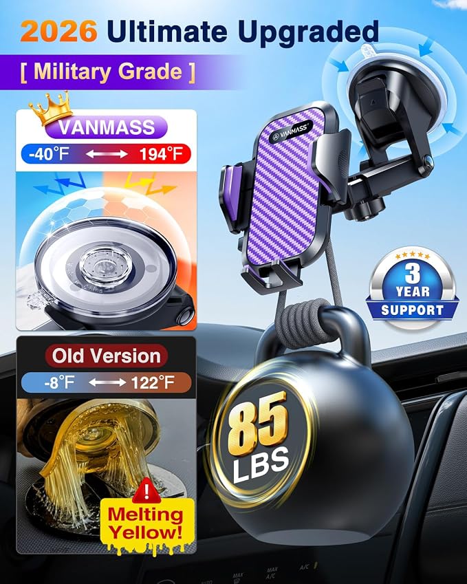 Phone Holders for Your Car 2026 Ultimate Phone Mount Military-Grade Windshield Dashboard Vent【Newest Best Strongest】 Cell Phone Car Mount for iPhone 16 Pro Max 15 Samsung Android,Purple