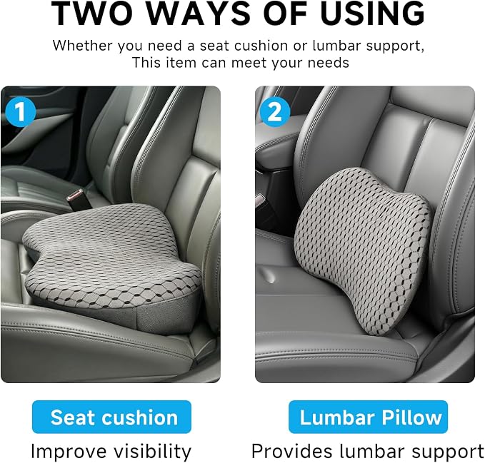 Car Seat Cushion - Memory Foam Seat Pad for Sciatica & Lower Back Pain Relief - Driving Cushion with Breathable Mesh Cover - Road Trip Essentials for Drivers (3D Gray)