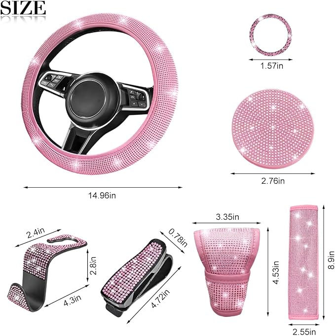 11PCS/Set Bling Car Accessories Set for Women, Rhinestone Vehicle Steering Wheel Cover Seat Belt Cushion Gear Shift Protector Cup Holder Coaster, Universal Automotive Accessories (All Pink)