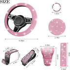 11PCS/Set Bling Car Accessories Set for Women, Rhinestone Vehicle Steering Wheel Cover Seat Belt Cushion Gear Shift Protector Cup Holder Coaster, Universal Automotive Accessories (All Pink)
