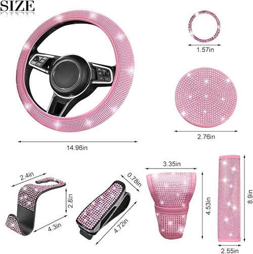 11PCS/Set Bling Car Accessories Set for Women, Rhinestone Vehicle Steering Wheel Cover Seat Belt Cushion Gear Shift Protector Cup Holder Coaster, Universal Automotive Accessories (All Pink)