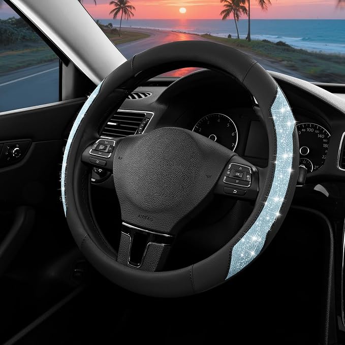 Steering Wheel Cover, Light Blue Sparkly Crystal Bling Glitter with Leather, Universal Fit 14.5"-15.5" Steering Wheels for Girls & Women, Anti-Slip Wheels Cover for Cars, Trucks, Van, SUVs