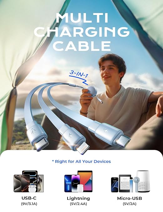 Multi Charging Cable 3 in 1 iPhone 16 Charger Cord, Retractable Car Charger Type C Cable, Retractable iPhone Charger Cord with Type C/L/Micro USB for iPhone/Samsung/PS/Kindle,Blue