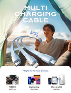 Multi Charging Cable 3 in 1 iPhone 16 Charger Cord, Retractable Car Charger Type C Cable, Retractable iPhone Charger Cord with Type C/L/Micro USB for iPhone/Samsung/PS/Kindle,Blue