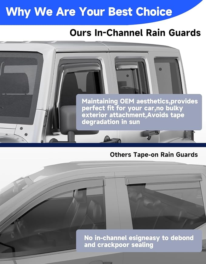 in-Channel Window Visors Rain Guards Fit for Jeep Wrangler JK 2007-2018, Window Rain Guards Vent Visors, Window Deflector Vent Shades for Jeep Wrangler JK 07-18, Car Accessories -4 pcs