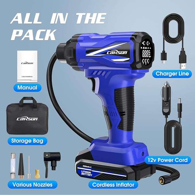 Tire Inflator Portable Air Compressor, 150PSI Cordless Tire Pump with DC 12V/Battery Dual Power Supplies, Portable Handheld Air Pump, Digital Pressure Gauge for Car Tires, Bicycles, Balls, Blue