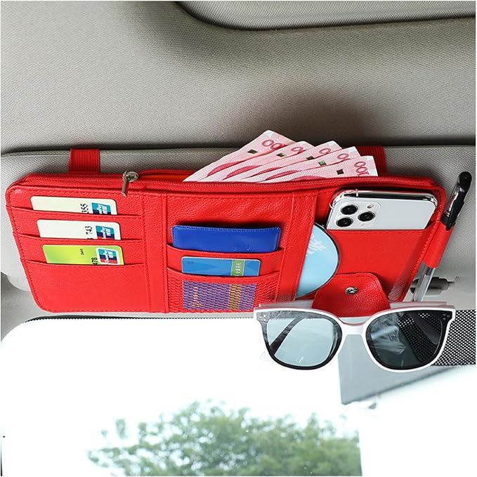 Car Sun Visor Organizer, Leather Personal Belonging Storage Pouch with Zipper, Car Visor Storage Pouch Sunglasses Holder, Auto Interior Accessories Pocket Organizers (Red)